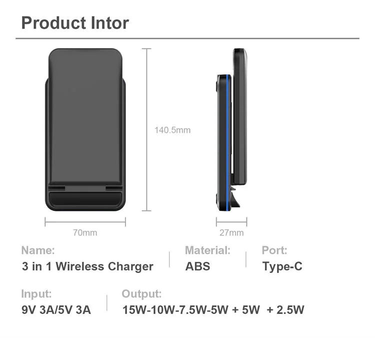 2023 Popular 15W Fast Charging Foldable 3 in 1 Wireless Charger for iPhone iWatch Airpods