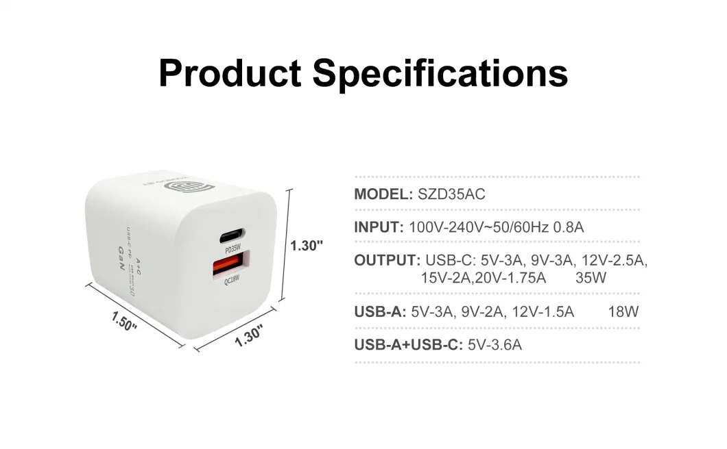 Latest Gallium Nitride Technology 35W Pd QC Fast Charger USB a+C Dual Port Mobile Power Charger